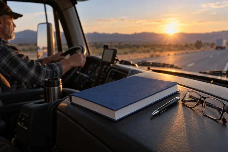 A printed driver handbook on a truck dashboard at sunrise