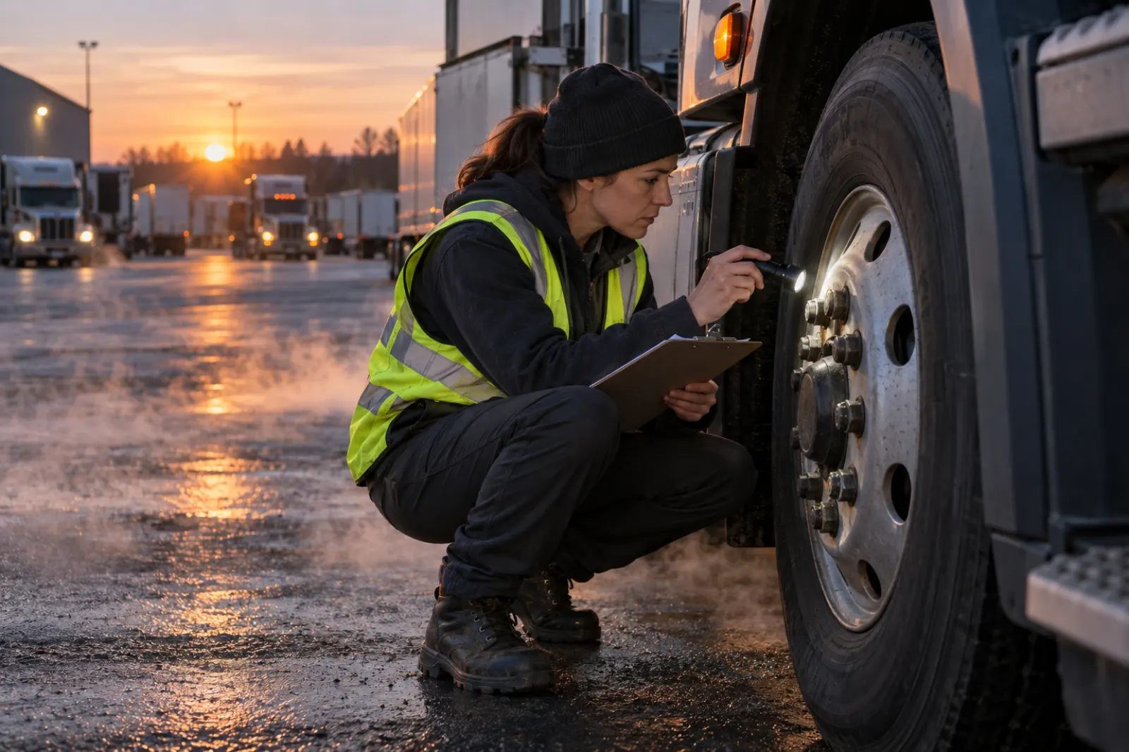 A driver checking a wheel with a flashlight at dawn during a pre-trip inspection